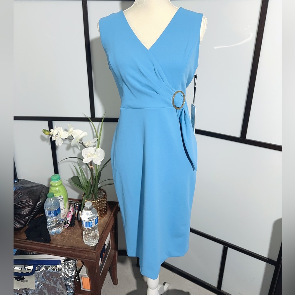 Calvin Klein light blue gold belt dress sleeveless